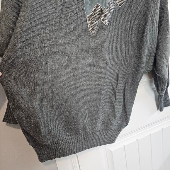 Vintage 80s Sweater Womens Medium Gray Patchwork Dolman Sleeve Textured Glam - Picture 7 of 11